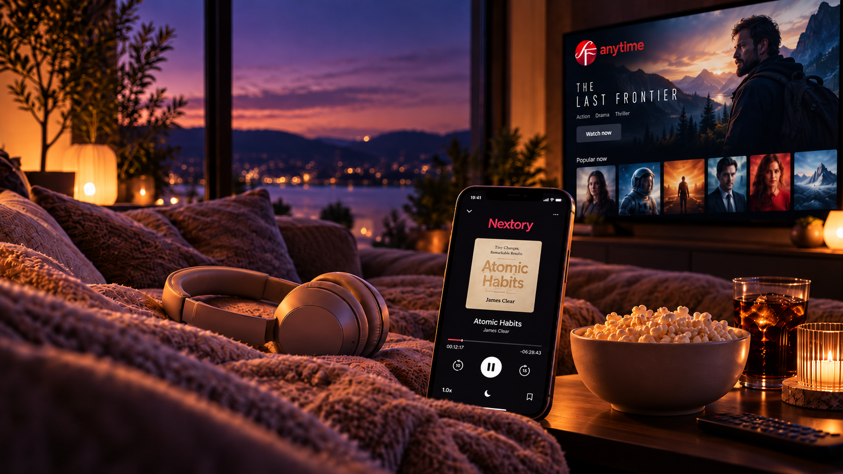 Sofa evening with a film on the TV and an audiobook on the phone